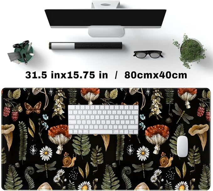 Black Mouse Pad Cottage Core Aesthetic Mouse Pads Mushroom Desk Pad Vintage Mouse Pad Forest Magic Nature Large Desk Pad Ergonomic Mouse Pads with Stitched Edges Non-Slip Computer Mat 31.5x15.7 in-DeskLoop Office