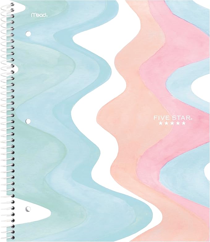 Five Star Spiral Notebook + Study App, 1 Subject, Wide Ruled, 8" x 10-1/2", 80 Sheets, Fights Ink Bleed, Water Resistant Cover, Pastel Waves (930060F)-DeskLoop Office