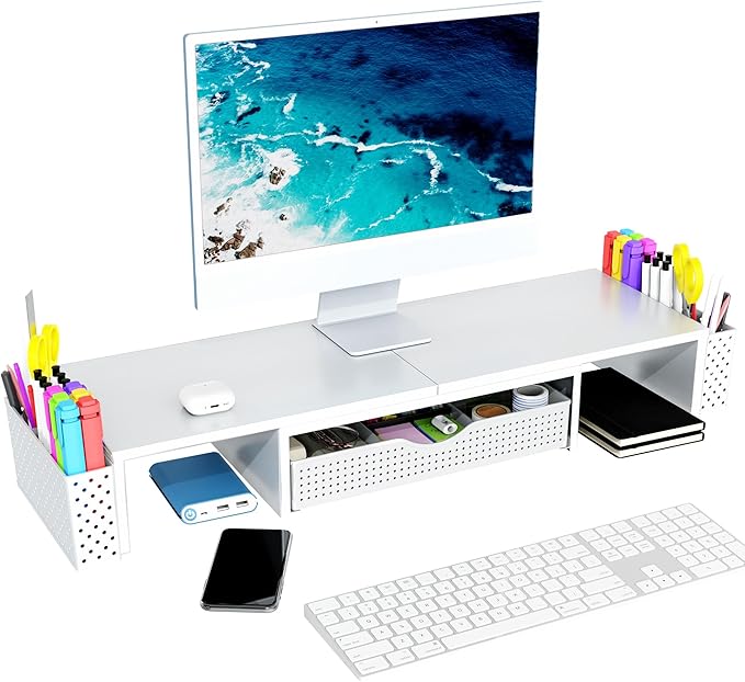 Spacrea Metal Desk Organizers and Accessories, Dual Monitor Stand Riser with Drawer and 2 Pen Holders, Desk Accessories & Workspace Desktop Organizers for Office Supplies (White)-DeskLoop Office