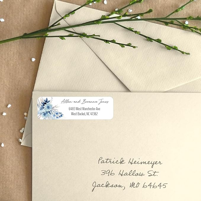 Blue Floral Rolled Address Labels / 500 Personalized Return Address Labels/Designer Address Stickers in Elegant Plastic Dispenser-DeskLoop Office