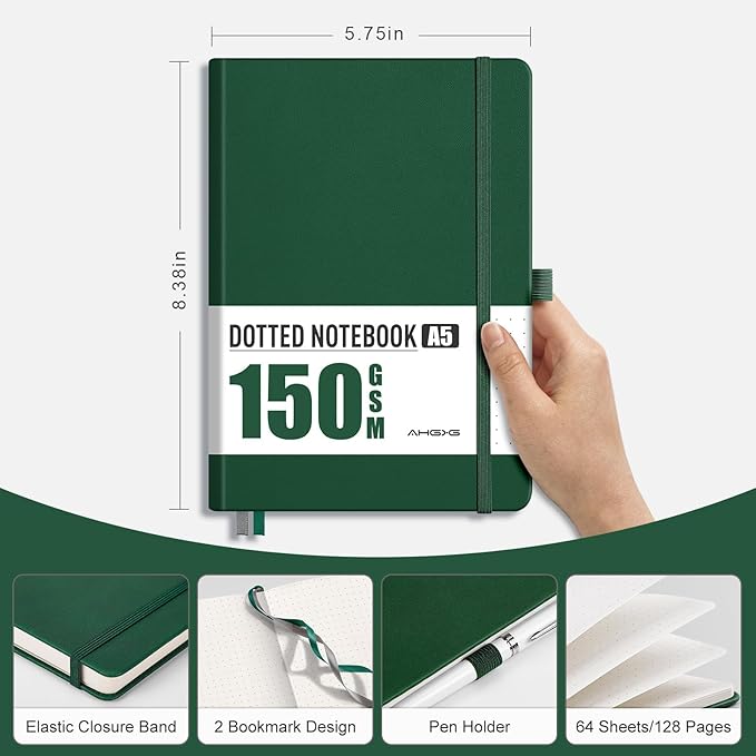 AHGXG Bullet Dotted Journal - 150 GSM Dot Grid Notebook Journal, Thick Acid-Free Paper, A5 Dotted Notebook 128 Pages, Leather Hardcover, Inner Pocket, Journal Stencil, 5.7'' × 8.3'' - Green-DeskLoop Office