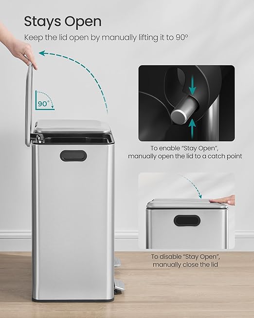 SONGMICS Trash Can, 2 x 8 Gallon (2 x 30 L) Double Garbage Can with Soft-Close Lids, Removable Inner Buckets, Pedals, Stainless Steel, for Waste and Recycling, Metallic Silver ULTB743E01-DeskLoop Office