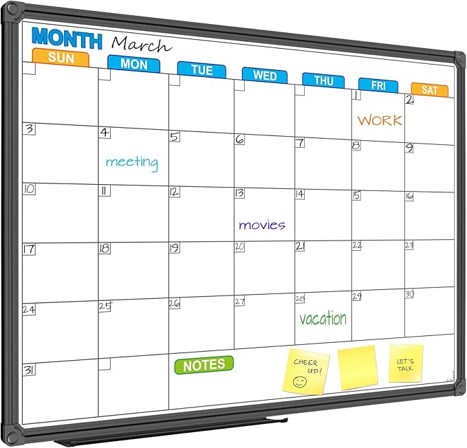 JILoffice Dry Erase Calendar Whiteboard - Magnetic White Board Calendar Monthly 24 X 18 Inch, Black Aluminium Frame Wall Mounted Board for Office Home and School-DeskLoop Office