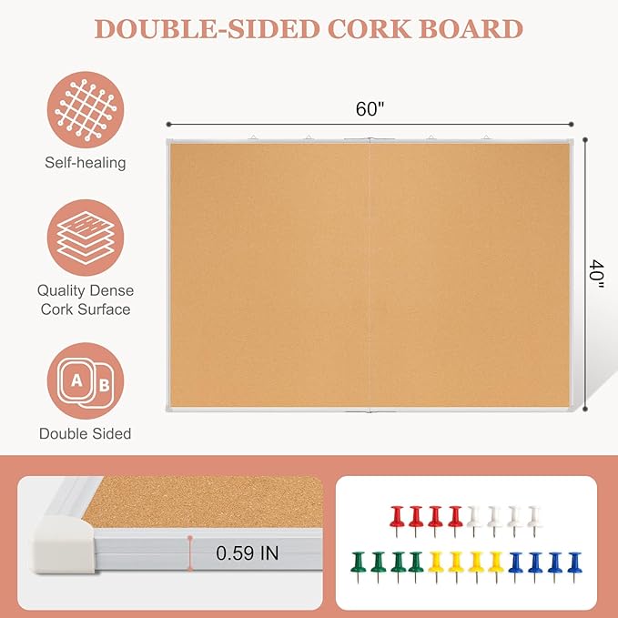 Double-Sided Large Cork Board, 60" x 40" Foldable Hanging Aluminum Framed Bulletin Board, Vision Board Pin Board Corkboards for Walls, Office, School Decor, 20 Pushpins-DeskLoop Office