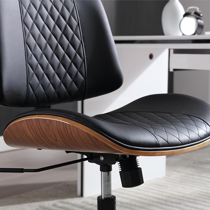Home Office Chair No Arms with Wheels, Adjustable Height Small Desk Chair, PU Leather Mid Back 360 Swivel Computer Chair, Armless Modern Walnut Chair for Office, Reading Meeting Room(Black)-DeskLoop Office