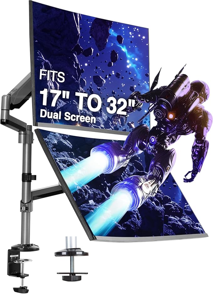 AVLT Dual 17"-32" Stacked Monitor Arm Desk Mount for 2 Flat or Curved Screens, Full Motion Height Adjustable with Swivel, Tilt, Rotation, Extra Tall, VESA, C-Clamp or Grommet Base-DeskLoop Office