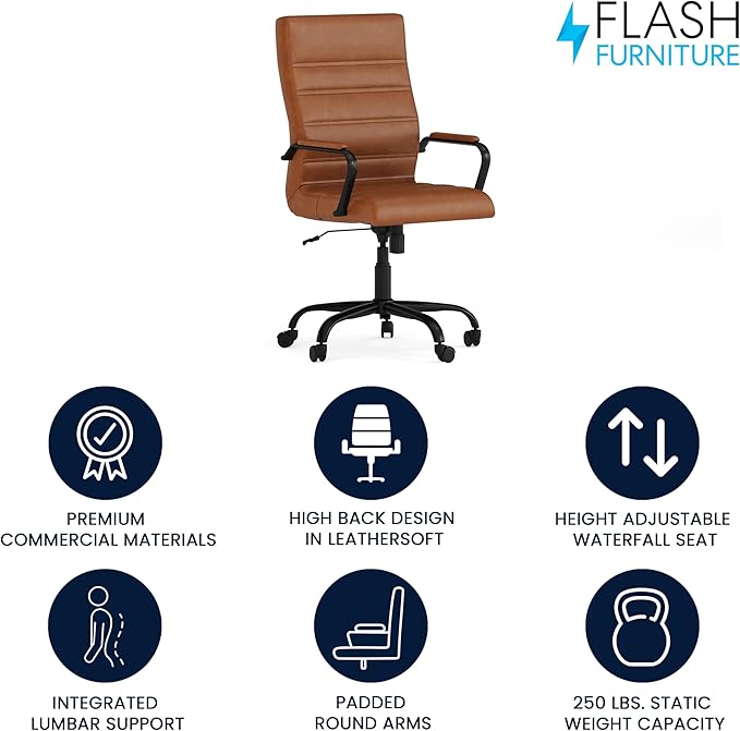 Flash Furniture Whitney High-Back Swivel LeatherSoft Desk Chair with Padded Seat and Armrests, Adjustable Height Padded LeatherSoft Office Chair, Brown/Black Gold-DeskLoop Office