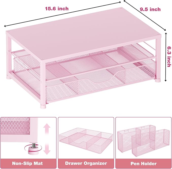Desk Organizers and Accessories, 2-Tier Computer Monitor Stand Riser with Drawer and 2 Pen Holders, Laptop Stand, Office Desk Accessories for Office Supplies, Pink-DeskLoop Office