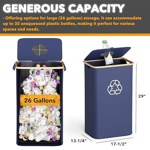 SpaceAid Recycling Bin for Kitchen 26 Gallon, 100L Recycle Bin with Lid and 2 Reusable Inner Bags, for Bottle Can Glass Plastic Stickers, Blue-DeskLoop Office