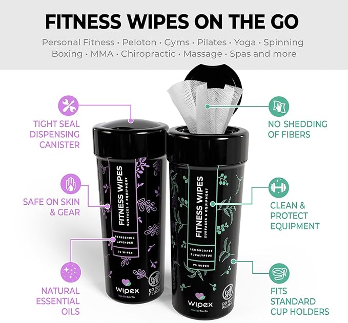 Wipex Screen Wipes & Gym Wipes Combo Pack - 75ct Gym Equipment Wipes Canister & 24ct Individually Wrapped Fitness Touch Screen Wipes, Safe for Yoga Mats & Electronics, Lemongrass Scent-DeskLoop Office