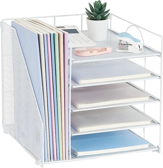 Desk Organizers and Accessories, 5-Tier Paper Letter Tray Organizer with File Holder, Desktop Organizer for Office Supplies, Office Desk Accessories & Workspace (White)-DeskLoop Office