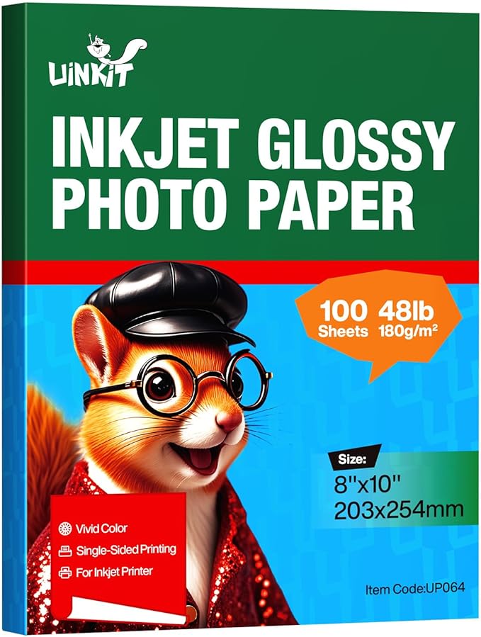 Uinkit Premium Glossy Inkjet Photo Paper - 8x10 Inch, 48lb 180gsm, 100 Sheets - Professional Photographic Quality, Dye Ink Compatible, High-Gloss Finish for Vivid Photos & Sharp Details-DeskLoop Office