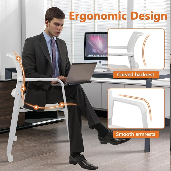 CLATINA Stacking Office Chairs with Wheels | Mesh Back, Thicken Leather Seat and Streamline Armrests, Ergonomic Lumber Support | School, Desk, Guest Reception, Waiting, Conference, White-DeskLoop Office