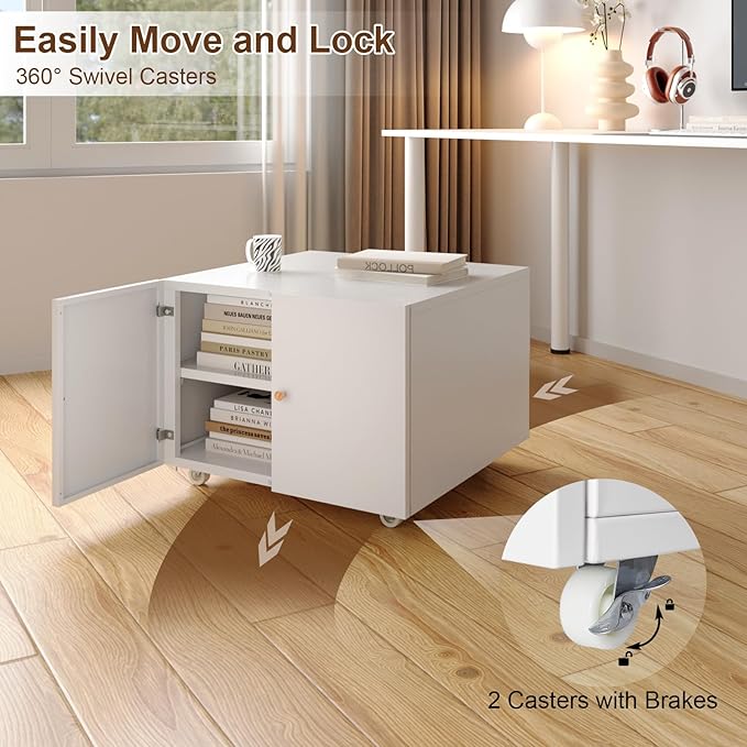 Under Desk Printer Stand with Wheels, Low Printer Stand Storage, Filing Cabinet with Paper Storage Shelf, File Carts with 2 Doors, Mobile Printer Holder for Home Office, School, White-DeskLoop Office