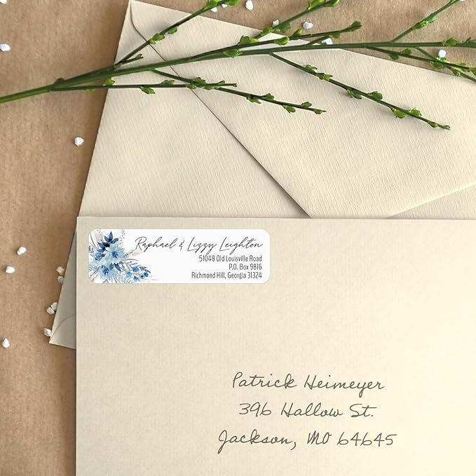 Blue Floral Rolled Address Labels / 250 Personalized Return Address Labels/Designer Address Stickers in Elegant Plastic Dispenser-DeskLoop Office