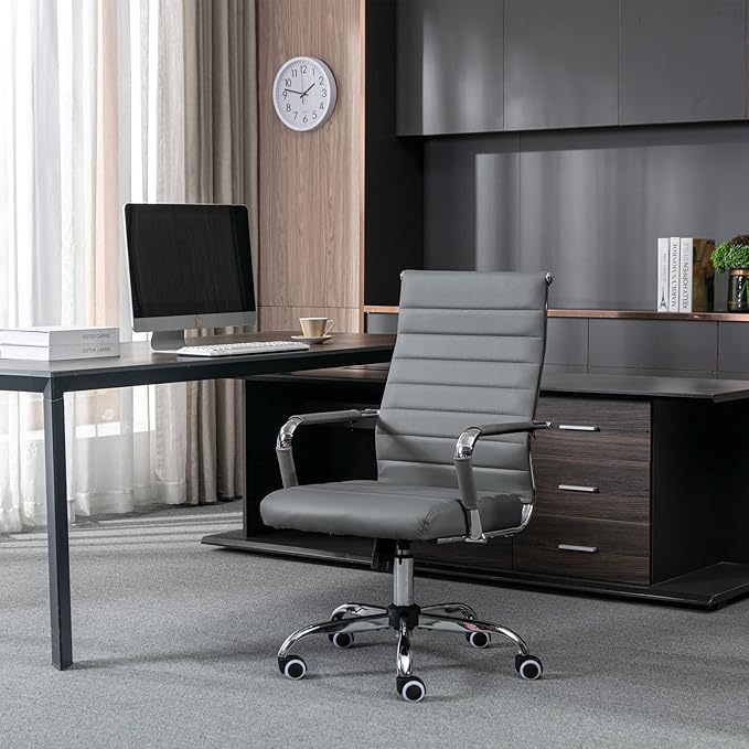 Home Office Chair Ribbed, Modern Leather Conference Room Chairs, Ergonomic Office Desk Chair, High Back Executive Computer Chair, Adjustable Swivel Chair with Arms (Grey)-DeskLoop Office