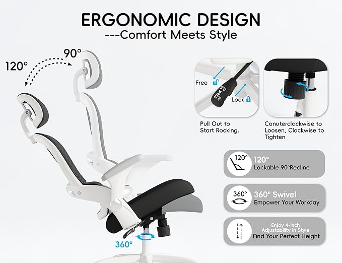 TRALT Office Chair - Ergonomic Office Chair with Back Support, Computer Chair - Home Office Desk Chairs, 330lbs Wide Seat Big and Tall Office Chairs with Headrest, Comfy Desk Chairs (White Black)-DeskLoop Office