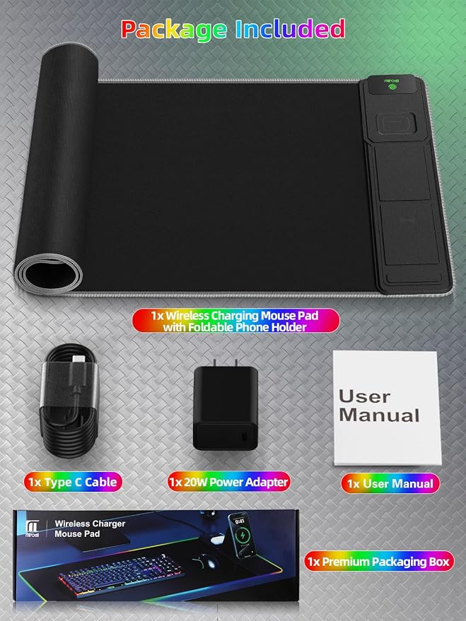 Mouse Pad with Foldable Phone Holder & Wireless Charger, XXL RGB Gaming - Image 9