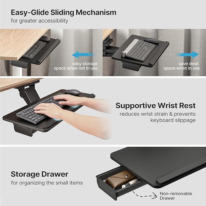 Keyboard Tray Under Desk with Storage Drawer, Height Adjustable Keyboard Tray Slide Out Swivel Tilt, Ergonomic Under Desk Mount Keyboard & Mouse Holder for Gaming Home Office, 25x11'', Black-DeskLoop Office