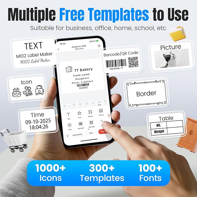 Label Maker, M102 Label Printer Bluetooth Label Machine with Tapes 1000+ Icons 300+Templates for Small Business, Office, Home, Kid School Items, Black-DeskLoop Office