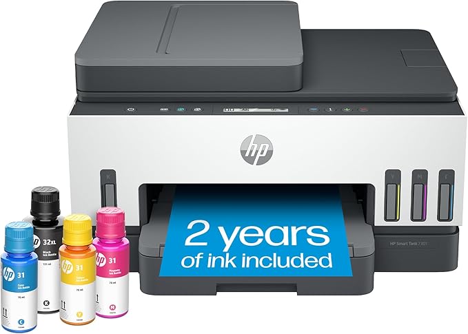 HP Smart Tank 7301 Wireless All-in-One Refillable Ink Tank Printer, Scanner, Copier with 2 years of ink included, Best for home office(28B70A)-DeskLoop Office