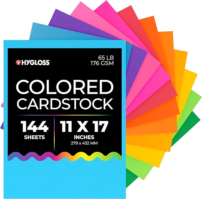 Hygloss Bright Colored Cardstock - 11x17-Inch, 12 Assorted Colors, 144 Sheets, 65 lb/ 176 gsm, Fade-Resistant, Acid-Free Color Card Stock Paper-DeskLoop Office