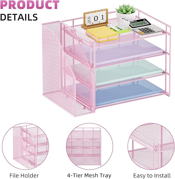 Marbrasse Desk Organizer and Accessories,4-Tier Paper Letter Tray Organizer with File Holder,Desk Accessories & Workspace Desktop Organizers for School Home Office Supplies (Pink)