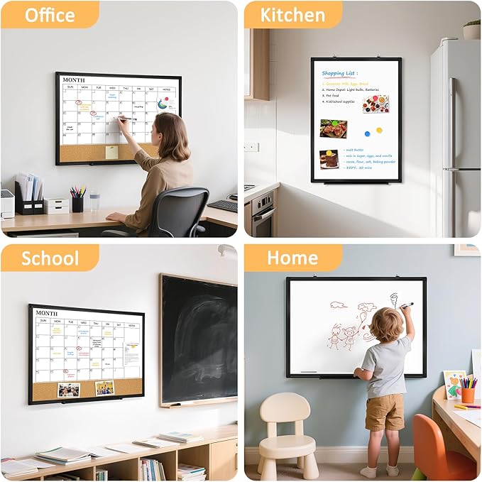 Dry Erase Calendar Board for Wall, 24"x18" Magnetic Whiteboard Calendar Double-Sided Monthly White Board with Cork Board, Black Aluminum Frame Memo Message Board for Office, Home, School-DeskLoop Office