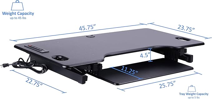 Rocelco 46" Height Adjustable Standing Desk Converter - Desktop AC USB Charger - Sit Stand Up Triple Monitor Riser - Tall Computer Workstation - Retractable Keyboard Tray - Black (R DADRB-46-ACUSB)-DeskLoop Office