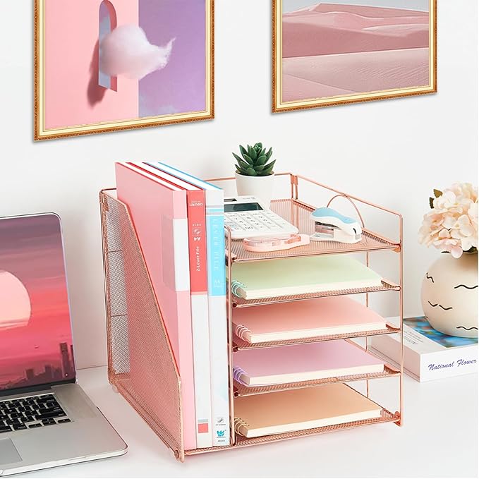 Desk Organizers and Accessories, 5-Tier Paper Letter Tray Organizer with File Holder, Desktop Organizer for Office Supplies, Office Desk Accessories & Workspace (Rose Gold)-DeskLoop Office