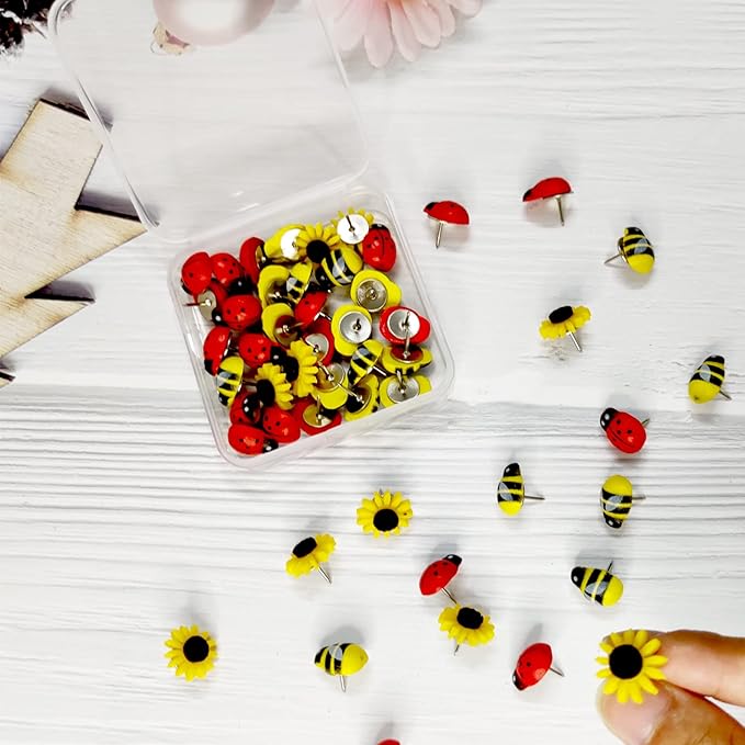 50 Pcs Animal Push Pins, DANUDON Bee Pushpins Sunflower Thumbtacks Decorative Bumble Bee Shaped Floret Thumb Tacks Decorations for Photo Wall Memo Cork Board Bulletin Board Map with Box-DeskLoop Office