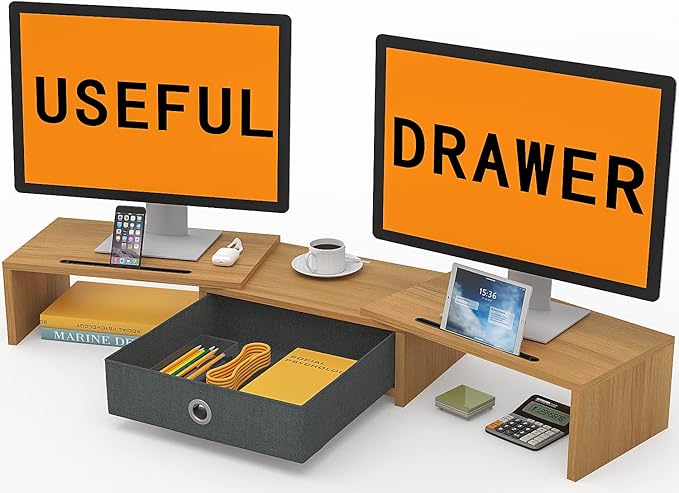 WESTREE Dual Monitor Stand Riser with Drawer - Adjustable Length and Angle, 2 Phone Hold, Desktop Organizer for Computer/Laptop/PC/Printer-DeskLoop Office