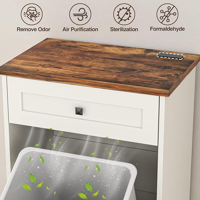 Tilt Out Trash Can, Farmhouse Kitchen Trash Cabinet w/Negative Ion, Dog Proof 10 Gallon Garbage Can for Kitchen, Bathroom, Living Room, White-DeskLoop Office