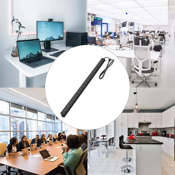 HHSOET 16-Outlet Metal Wall Mount Power Strip, 15 ft 14AWG Power Cord, 15A 125V 1875W, Black-DeskLoop Office