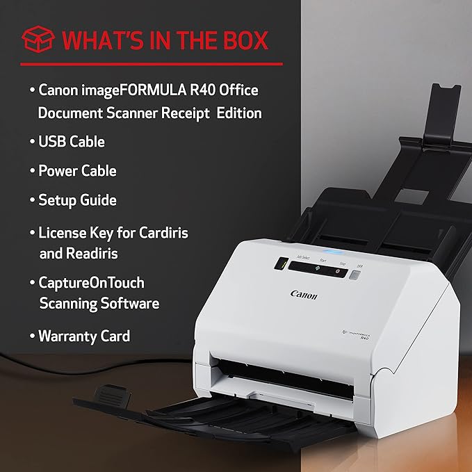 Canon imageFORMULA R40 Office Document Scanner Receipt Edition, for PC and Mac, Scan & Extract Data to QuickBooks Online, Color Duplex Scanning, Auto Document Feeder, Easy Setup for Office Or Home Use-DeskLoop Office