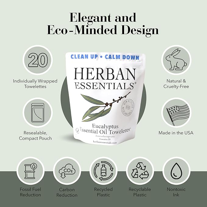 Herban Essentials - Eucalyptus Wipes & Towelettes - Essential Oil Wipes for Hands & Body - Travel Size Essentials and Toiletries - Natural, Individually Wrapped, Disposable & Moist Refresh (20 count)-DeskLoop Office