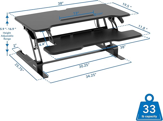 Mount-It! Height Adjustable Standing Desk Converter, 38” Wide, Stand Up Desk Riser for 2 Monitors, Manual Gas Spring Desktop Raises to 16.9", Fits Two Monitor Screens with Keyboard Mouse Tray in Black-DeskLoop Office