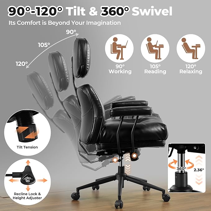 ovios Home Office Chair, Mid-Century Modern Faux PU Leather Chairs with Lumbar Support Comfy Thick Cushion, High Back Ergonomic Swivel Rolling Executive Armchair (Black, PU Leather)-DeskLoop Office