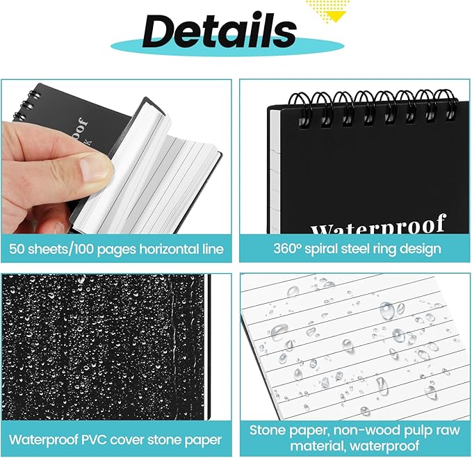 6 Pack Waterproof Pocket Notebooks, 3x5 Small Notepads, Mini Top Spiral Notebook, Lined College Ruled Paper, Tiny Memo Pads for Home, Office, Work, School, or Travel-DeskLoop Office