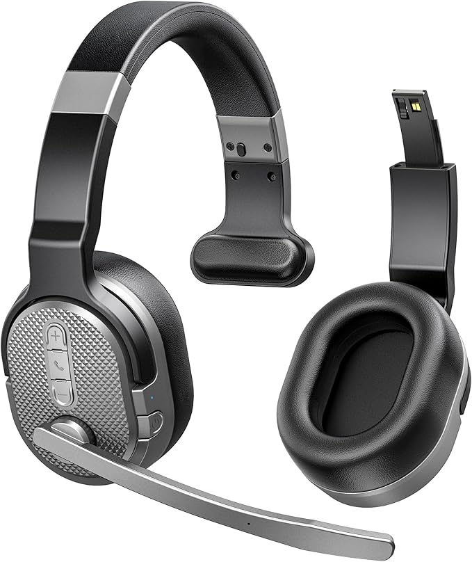 Trucker Bluetooth Headset, Wireless Headsets with Noise Cancelling Microphone, 50+Hrs HD Talktime Bluetooth Headphones with Detachable Earpad/Single+Dual Mode for Office/Driving/Home (Silver)-DeskLoop Office