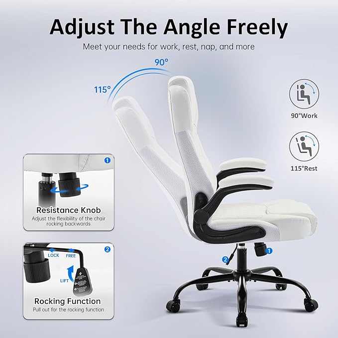 Office Chair, Executive Leather Chair Home Office Desk Chairs, Ergonomic Computer Desk Chair with Adjustable Flip-Up Arms, Lumbar Support Swivel Task Chair with Rocking Function (White)-DeskLoop Office