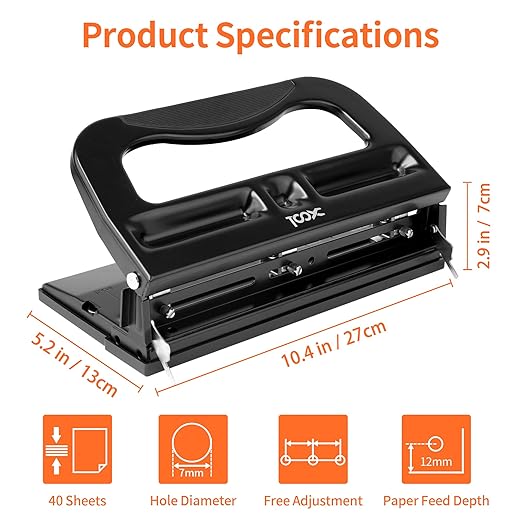 XOOL 3 Hole Punch, Heavy Duty Metal Hole Puncher for 2 or 3 Holes, 9/32" 7mm Hole Diameter, 40-Sheet Capacity, Adjustable Hole Spacing, Non-Slip Base for Office & School-DeskLoop Office