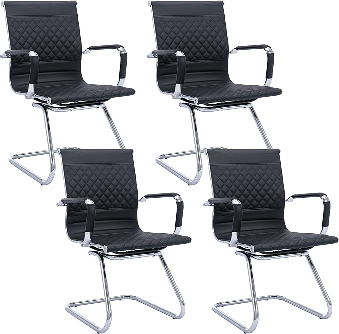 Office & Conference Room Chairs Set of 4 with Mid Back, Modern PU Leather Desk Chairs, Black-DeskLoop Office