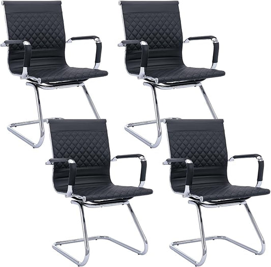 Office & Conference Room Chairs Set of 4 with Mid Back, Modern PU Leather Desk Chairs, Black-DeskLoop Office