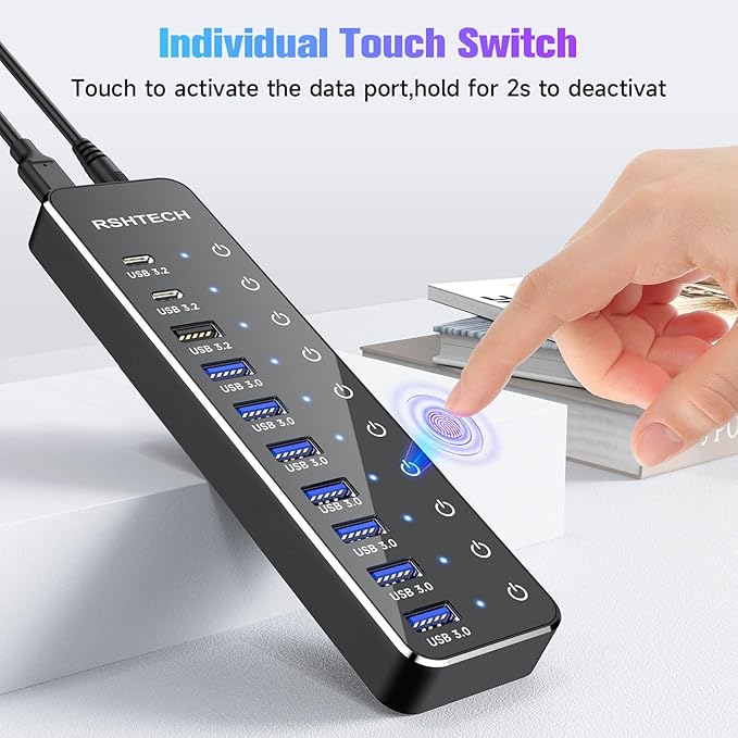 Powered USB Hub, RSHTECH 10-Port USB 3.2/USB C Hub 60W with 10Gbps USB-A 3.2, 2 USB-C 3.2, 7 USB 3.0 Ports, Individual Touch Switches and 3.3ft Cable, Hybrid USB Splitter for Laptop/PC, RSH-ST10C-DeskLoop Office