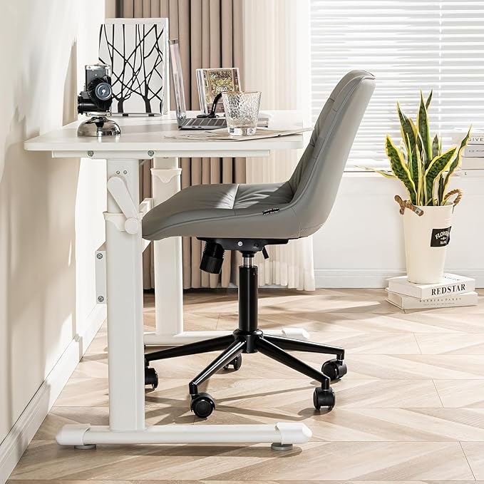 Kidol & Shellder Faux Leather Office Chair, Adjustable Swivel Height Task Chair, Rolling Wheels & Soft Backrest - Armless Ergonomic Desk Chair for Home, Office,Vanity,Gaming(Gray)-DeskLoop Office