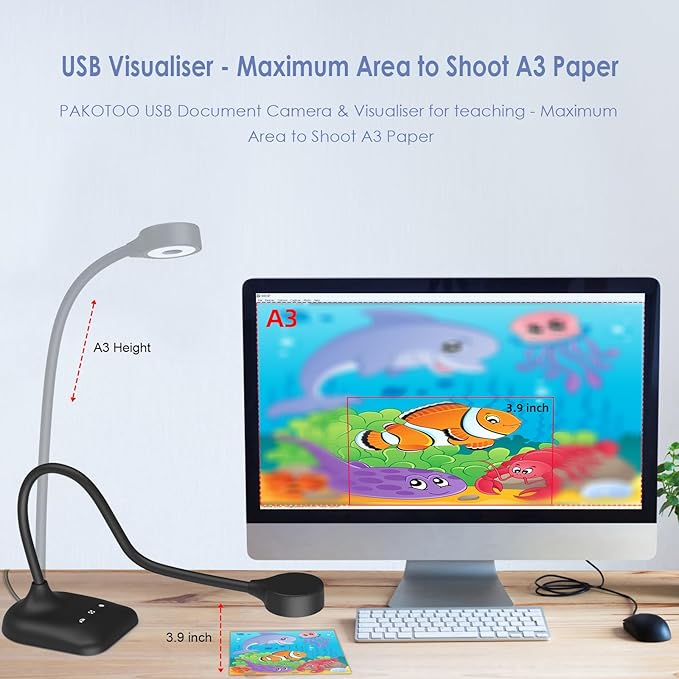 USB Document Camera for Teachers, Webcam/Doc Camera for Classroom with A3 Format, 3-Level LED Lights, Image Invert, Fold, Dual mic for Mac OS, Windows, Zoom, OBS Work with Distance Learning-DeskLoop Office