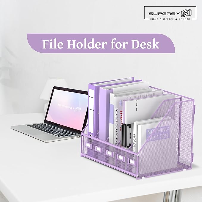 SUPEASY Desk Organizers Metal Desk Magazine File Holder with 5 Vertical Compartments Rack File Organizer for Office Desktop, Home Workspace, Purple Plus-DeskLoop Office