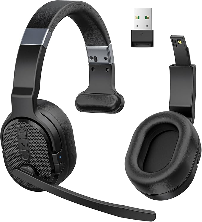 Trucker Bluetooth Headset with Dongle, Wireless Headsets with Noise Cancelling Microphone, 50+Hrs HD Talktime Bluetooth Headphones with Detachable Earpad/Single+Dual Mode for Office/Driving-DeskLoop Office