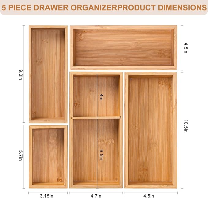 Bamboo Drawer Organizer 5 Pcs for Kitchen Multi-purpose Storage Dividers for Kitchen, Office, Jewelry, Cosmetics, Wooden Drawer Dividers for Drawer Organizer Desk Organizer Gift for Women Gifts Idea-DeskLoop Office